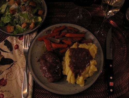 Grassfed beef tenderloin recipe with mashed potatoes and braised carrots